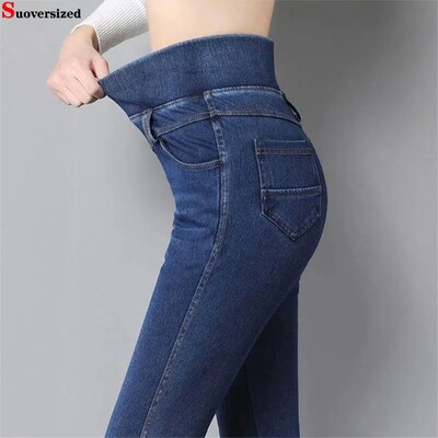 Blugi creion subțiri cu talie înaltă, clasici, elastici, femei, albaștri, skinny Vaqueros, până la glezne, pantaloni din denim supradimensionați 38 pantaloni vintage