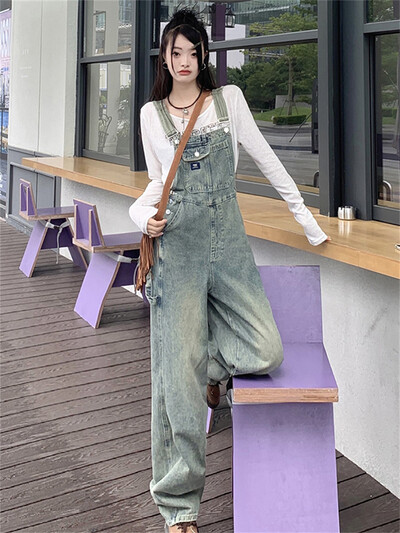 Salopete din denim în stil coreean haine de vară femei 2024 cu bretele reglabile salopete din jeans, costume dintr-o bucată, pantaloni largi