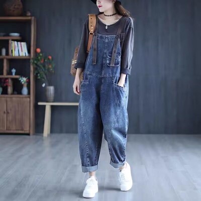 Vintage Casual Streetwear Buzunar mare Blugi largi Pantaloni Harem Salopete Salopete Femei Stil coreean Baggy Denim Salopete Pantaloni