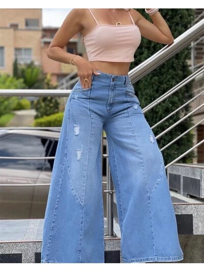 Ženske široke hlače s rupama visokog struka, moderne isprane plave mikro lepršave traperice, široke i svestrane hlače na pod