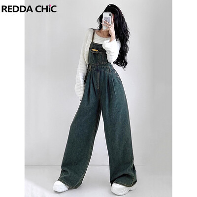 REDDACHiC Anii 90, retro, spalat, verde, salopetă pentru femei, pantaloni cu salopete cu buzunare plisate, salopete din denim cu picioare largi, salopete lejere, casual, Y2k.