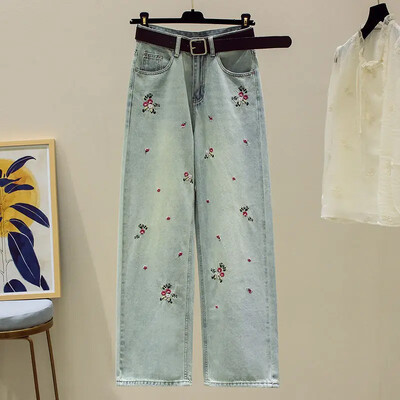 Uued Hiina stiilis tikandid Laia säärega teksad Naiste vintage moekujundus Kõrge vöökohaga sirge säärega püksid Tundlikkus