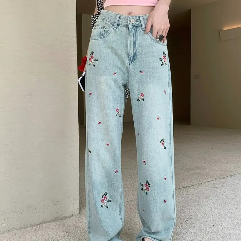 Uued Hiina stiilis tikandid Laia säärega teksad Naiste vintage moekujundus Kõrge vöökohaga sirge säärega püksid Tundlikkus