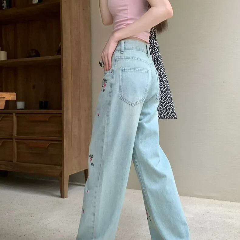 Uued Hiina stiilis tikandid Laia säärega teksad Naiste vintage moekujundus Kõrge vöökohaga sirge säärega püksid Tundlikkus