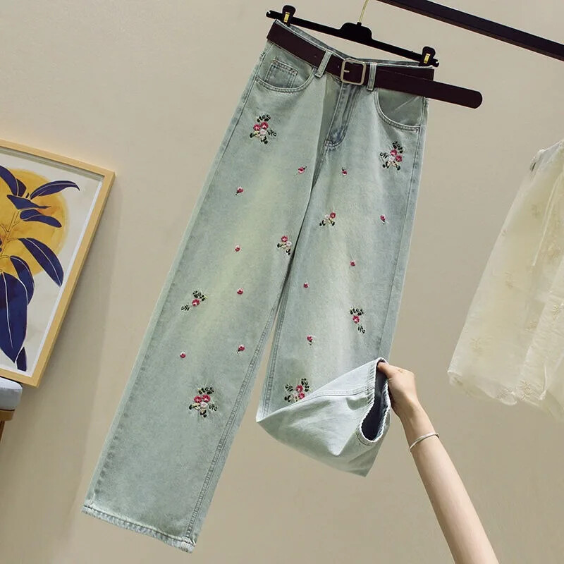 Uued Hiina stiilis tikandid Laia säärega teksad Naiste vintage moekujundus Kõrge vöökohaga sirge säärega püksid Tundlikkus