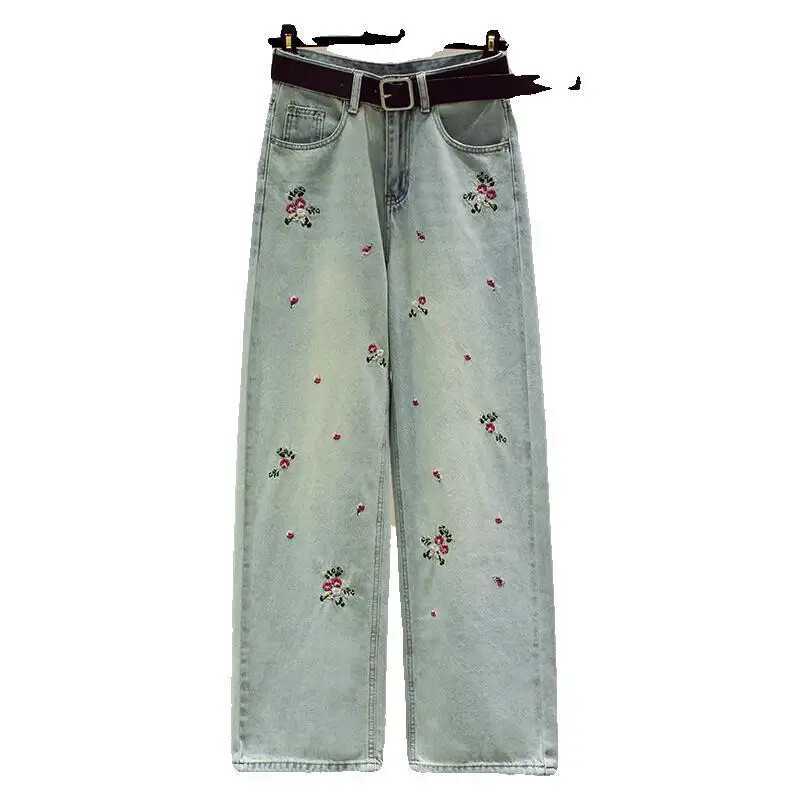 Uued Hiina stiilis tikandid Laia säärega teksad Naiste vintage moekujundus Kõrge vöökohaga sirge säärega püksid Tundlikkus