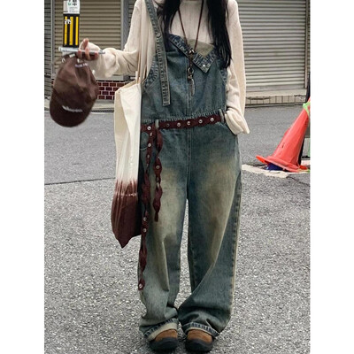 Ολόσωμες φόρμες Παντελόνι Γυναικεία τζιν τζιν 2024 Φθινόπωρο Plus Size Streetwear φαρδύ τιράντες Παντελόνι Vintage Μπλε μαμά Τζιν τιράντες Παντελόνι