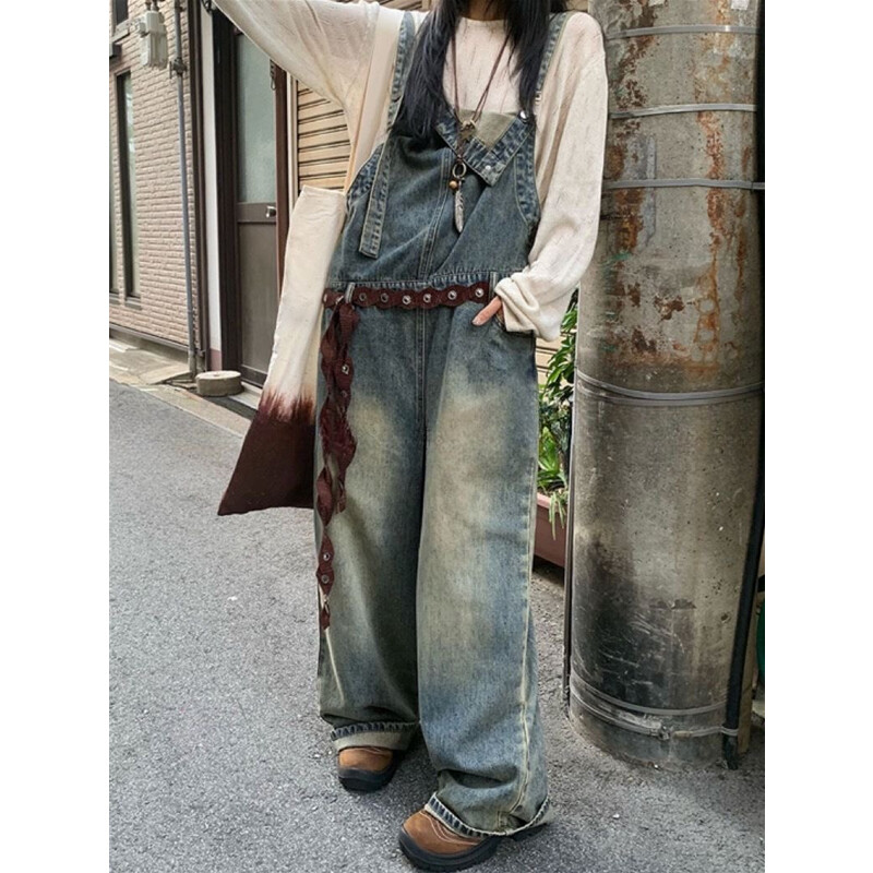 Ολόσωμες φόρμες Παντελόνι Γυναικεία τζιν τζιν 2024 Φθινόπωρο Plus Size Streetwear φαρδύ τιράντες Παντελόνι Vintage Μπλε μαμά Τζιν τιράντες Παντελόνι