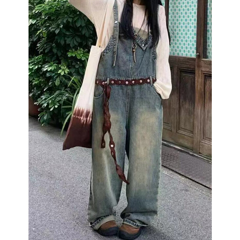 Ολόσωμες φόρμες Παντελόνι Γυναικεία τζιν τζιν 2024 Φθινόπωρο Plus Size Streetwear φαρδύ τιράντες Παντελόνι Vintage Μπλε μαμά Τζιν τιράντες Παντελόνι