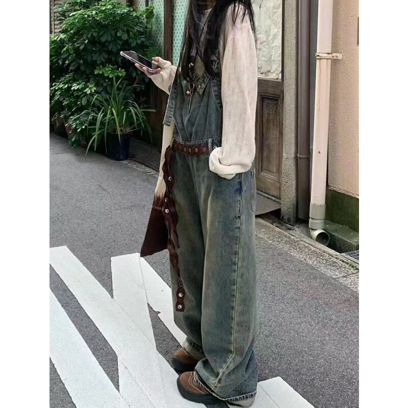 Ολόσωμες φόρμες Παντελόνι Γυναικεία τζιν τζιν 2024 Φθινόπωρο Plus Size Streetwear φαρδύ τιράντες Παντελόνι Vintage Μπλε μαμά Τζιν τιράντες Παντελόνι