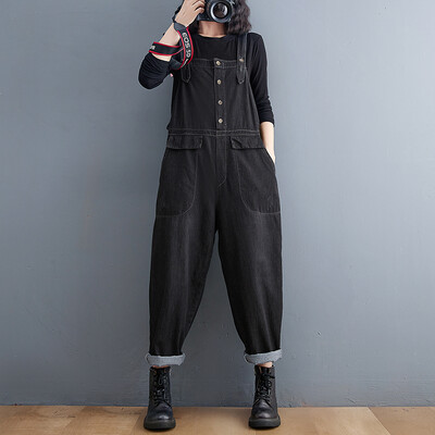 Casual Streetwear Salopetă de blugi negru femei cu picior largi, blugi de dimensiuni mari, salopete Harajuku, cu bretele la un singur piept, pantaloni largi