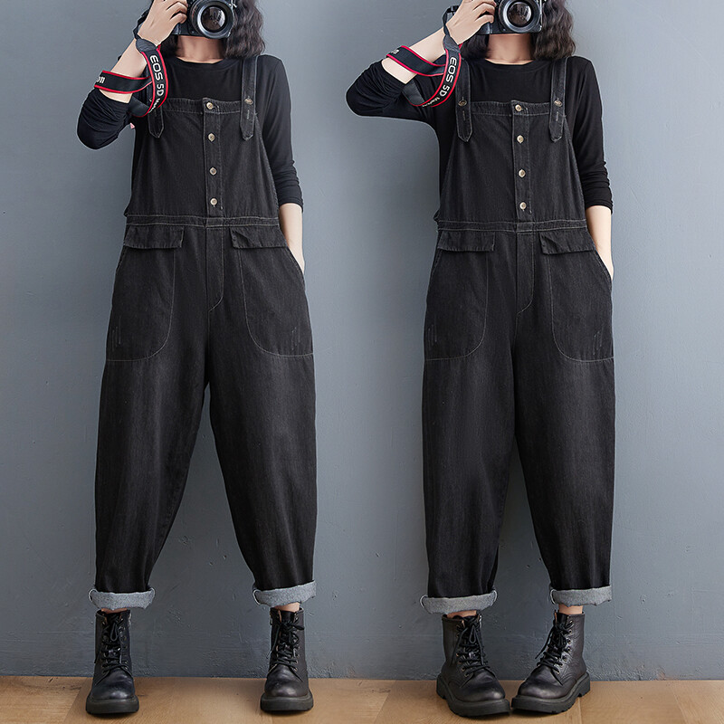 Casual Streetwear Salopetă de blugi negru femei cu picior largi, blugi de dimensiuni mari, salopete Harajuku, cu bretele la un singur piept, pantaloni largi