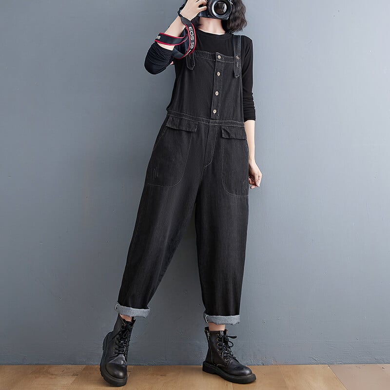 Casual Streetwear Salopetă de blugi negru femei cu picior largi, blugi de dimensiuni mari, salopete Harajuku, cu bretele la un singur piept, pantaloni largi