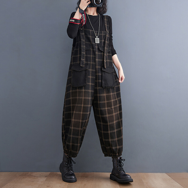 Blugi în carouri, drepți, de epocă, supradimensionați, salopete, femei, largi, cu picioare largi, din denim, pantaloni cu salopete, cu imprimeu, în carouri