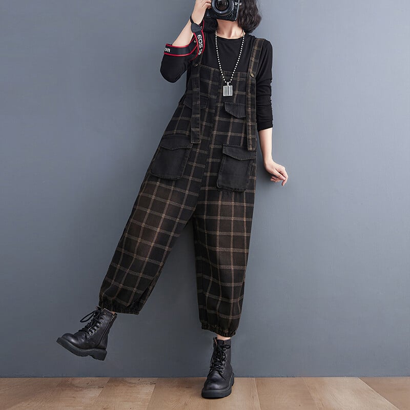 Blugi în carouri, drepți, de epocă, supradimensionați, salopete, femei, largi, cu picioare largi, din denim, pantaloni cu salopete, cu imprimeu, în carouri