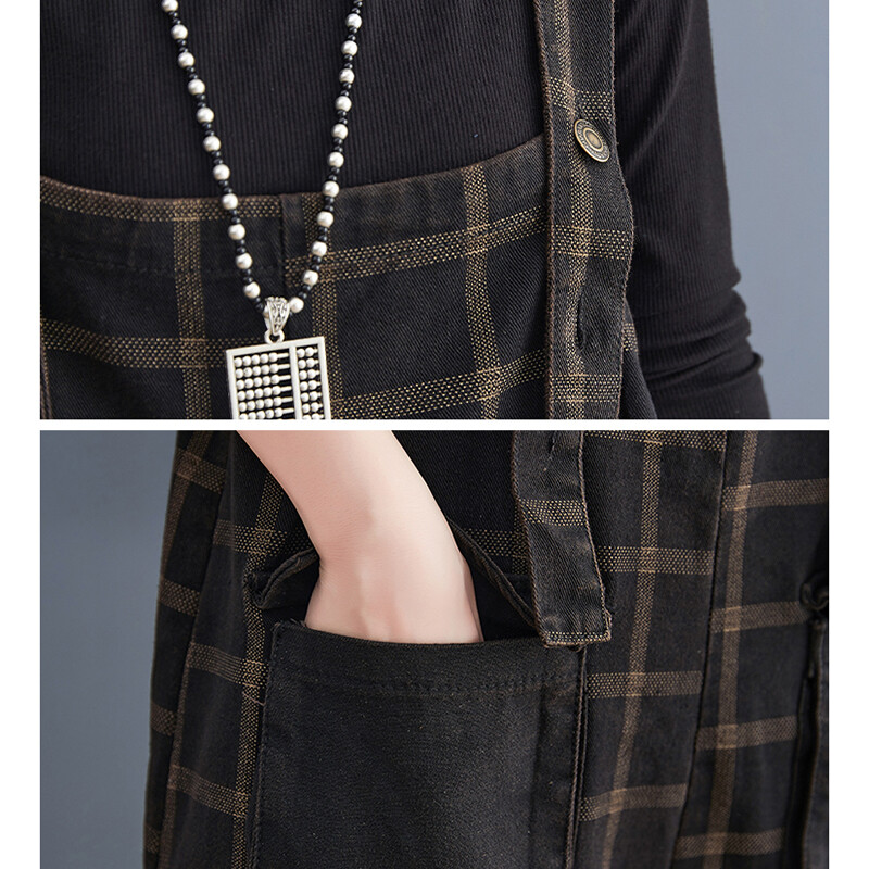 Blugi în carouri, drepți, de epocă, supradimensionați, salopete, femei, largi, cu picioare largi, din denim, pantaloni cu salopete, cu imprimeu, în carouri