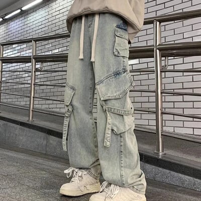 Toamnă și iarnă Salopete japoneze noi, blugi, bărbați și femei, retro americani, pantaloni drepți cu picioare largi, spălate cu micro-la