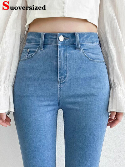 Blugi creion slăbiți cu talie înaltă Femei Îmbrăcăminte de stradă de mărime mare Pantaloni subțiri de denim elastic elastic de primăvară Moda coreeană Casual Kot Pantolon