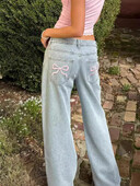 Plave traperice s mašnom i vezom za žene Visokokvalitetne američke hlače širokih nogavica Y2k Vintage ravne ljetne hlače