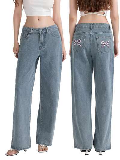 Plave traperice s mašnom i vezom za žene Visokokvalitetne američke hlače širokih nogavica Y2k Vintage ravne ljetne hlače