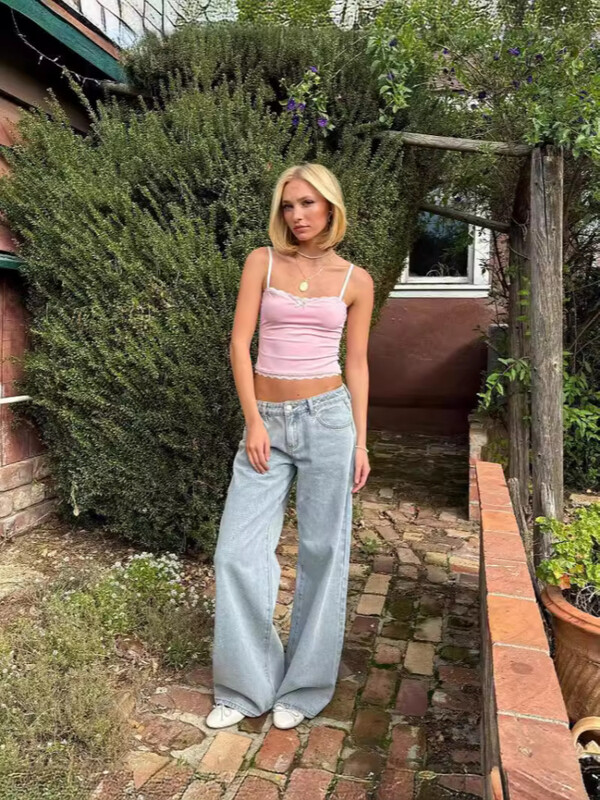 Plave traperice s mašnom i vezom za žene Visokokvalitetne američke hlače širokih nogavica Y2k Vintage ravne ljetne hlače