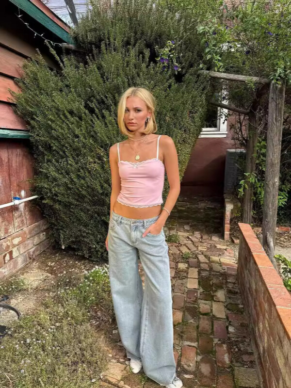 Plave traperice s mašnom i vezom za žene Visokokvalitetne američke hlače širokih nogavica Y2k Vintage ravne ljetne hlače