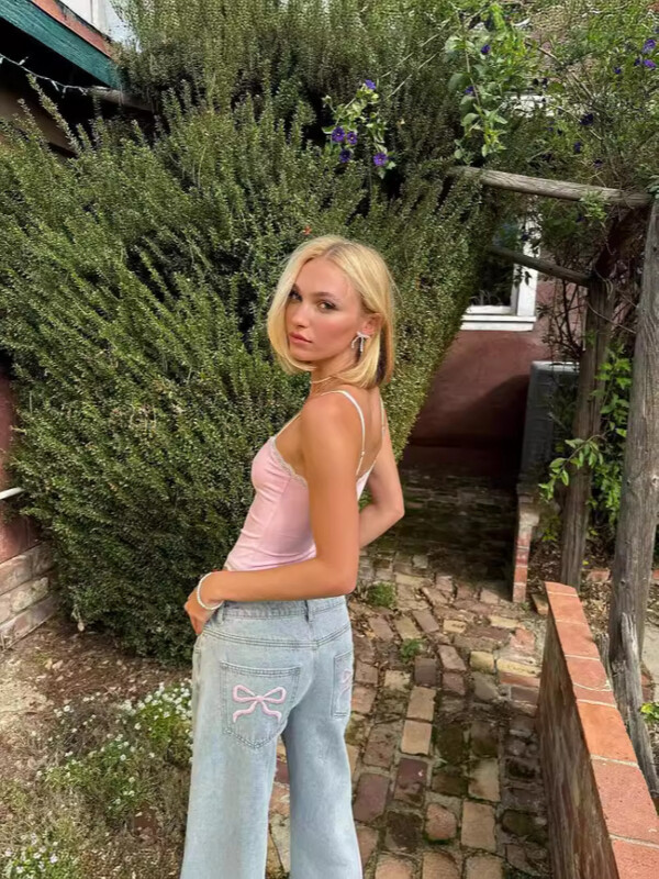 Plave traperice s mašnom i vezom za žene Visokokvalitetne američke hlače širokih nogavica Y2k Vintage ravne ljetne hlače