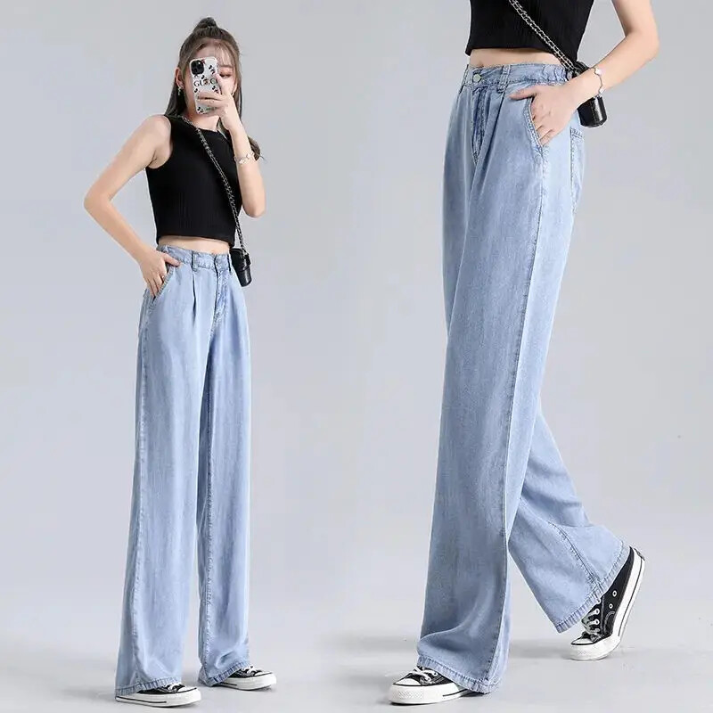 Ljetne ženske traper hlače visokog struka za mršavljenje Ležerno svilene, ležerne traperice s ravnim nogavicama 2024.