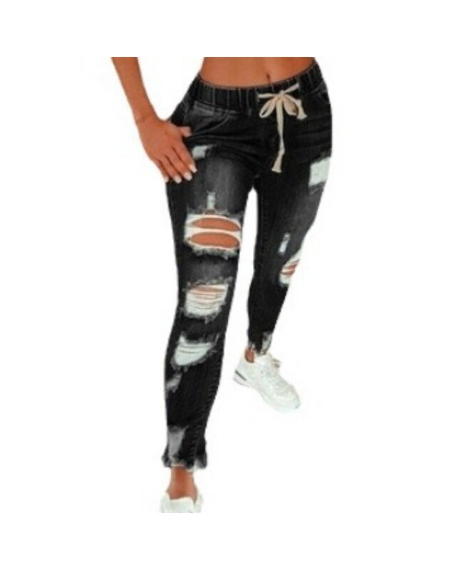 Naiste S-5XL suurus kitsa vöökohaga teksad Naiste keskmise vöökohaga nööriga Slim Fit elastsed jalapüksid perforeeritud teksapüksid