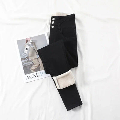 ZOENOVA Zimske debele baršunaste ženske uske traperice visokog struka Jednostavne flis tople uske rastezljive ženske ležerne traper hlače