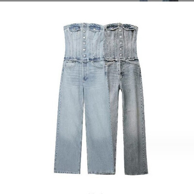 Salopetă din denim fără bretele primăvară vară, modă nouă, versatilă, cu talie înaltă, pantaloni lați, cu un singur piept, îmbrăcăminte de stradă pentru femei