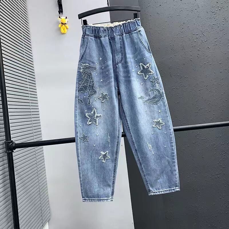 Korejski vintage stars patch dizajni Ženske traperice Ljeto 2023. Ženska odjeća Modne tanke ležerne kapri hlače s vezom