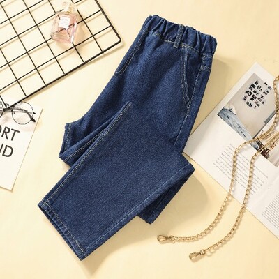 Jesenske, ležerne, elastične ženske traperice visokog struka, široke, svestrane, jednobojne, jednostavne, ugodne, isprane, prikladne ženske hlače do gležnja