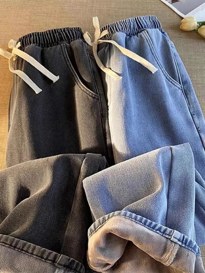 Blugi de damă toamnă/iarnă, talie înaltă, tub drept, pantaloni uni din denim, talie elastică, pantaloni largi pentru elevi, cu picioare largi