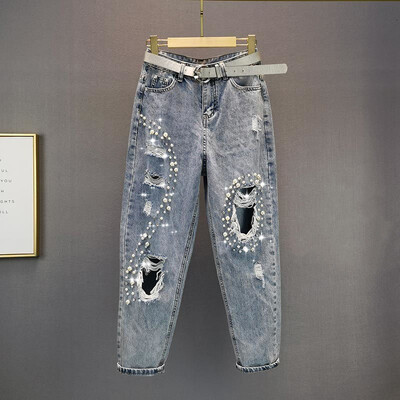 Blugi cu găuri de mărgele în cuie, damă, vară 2024, noua modă, talie înaltă, pantaloni Harlan largi, versatili, pantaloni din denim pentru fete