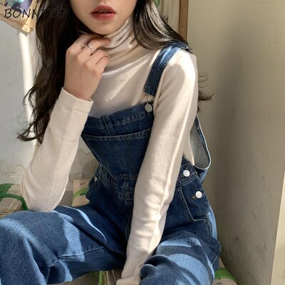 Salopete din denim Femei Salopete de bază solide BF Chic College High Street Office Lady Elegant Long Nou Oferte calde Albastru Moda 2021