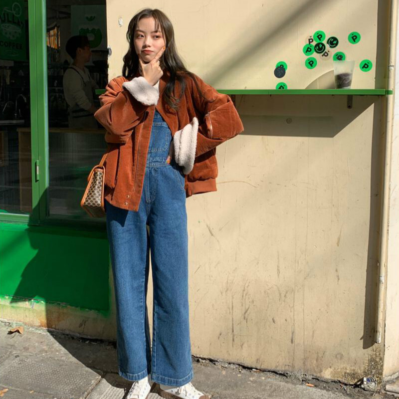 Denimkombinesoonid Naiste Solid Basic Kombinesoonid BF Chic College High Street Office Lady Elegantne Pikk Uus Kuum Sale Sinine Mood 2021