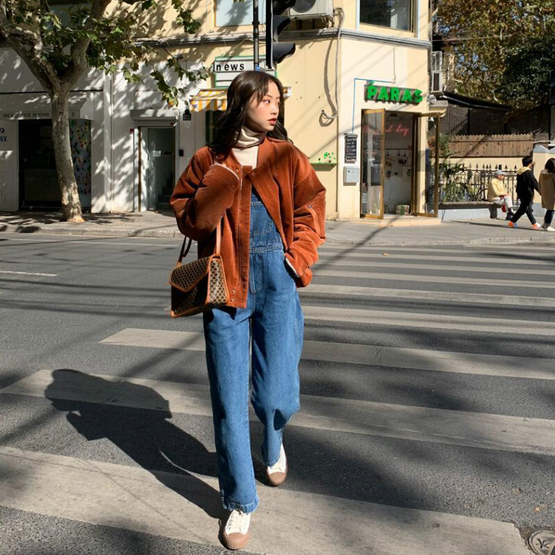 Denimkombinesoonid Naiste Solid Basic Kombinesoonid BF Chic College High Street Office Lady Elegantne Pikk Uus Kuum Sale Sinine Mood 2021