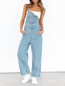 Buzunare la modă Salopete de jeans pentru femei, salopete ajustabile, ocazionale, dintr-o singură piesă, pantaloni lungi de denim, lungi, stretch, cu picior largi