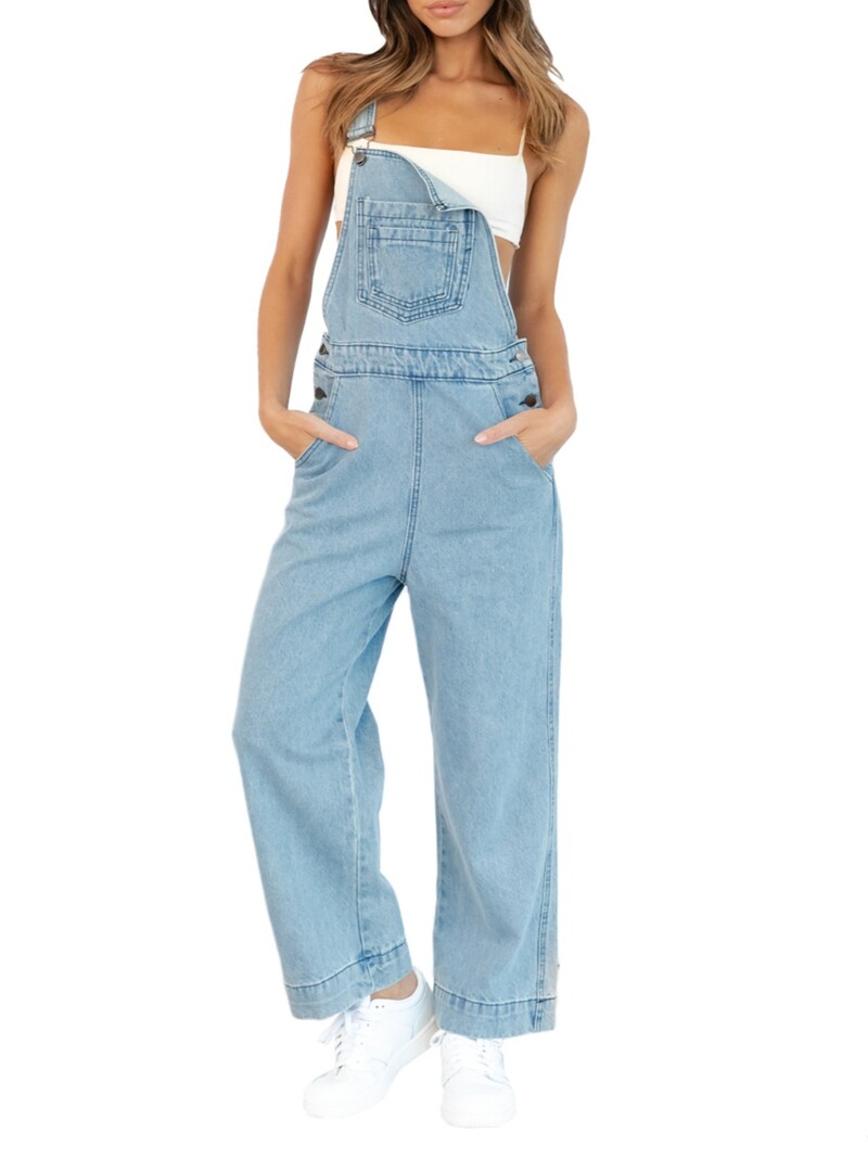 Buzunare la modă Salopete de jeans pentru femei, salopete ajustabile, ocazionale, dintr-o singură piesă, pantaloni lungi de denim, lungi, stretch, cu picior largi