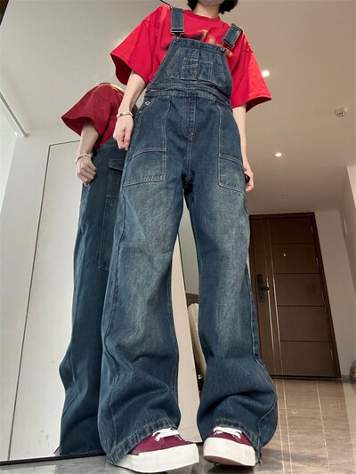 Salopetă vintage cu bretele pentru femei, pantaloni largi, fete tinere, stil academic, salopete pentru femei, retro, ocazional, pantaloni drepti din denim