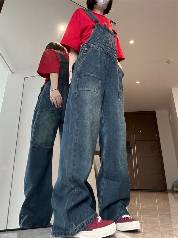 Дамски ретро гащеризон с тиранти Широки панталони Млади момичета Академичен стил Гащеризон Женски ретро ежедневен прав дънков панталон