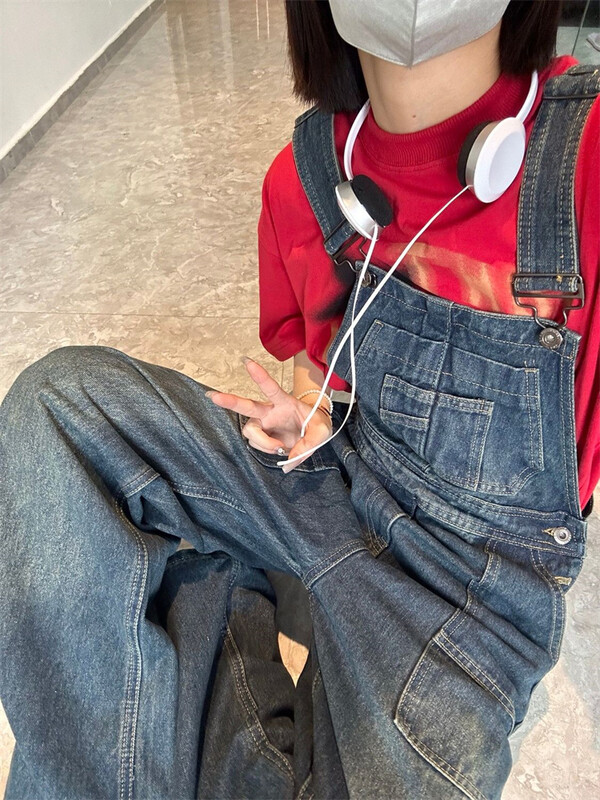 Дамски ретро гащеризон с тиранти Широки панталони Млади момичета Академичен стил Гащеризон Женски ретро ежедневен прав дънков панталон