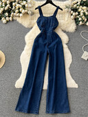 SINGREINY Modni traper dugi kombinezoni s patentnim zatvaračem Pacthwork Hlače za plažu bez leđa Korejska ulična odjeća Retro kombinezoni za plažu