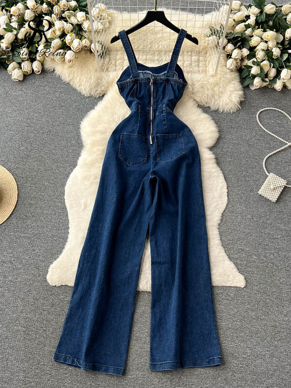 SINGREINY Modni traper dugi kombinezoni s patentnim zatvaračem Pacthwork Hlače za plažu bez leđa Korejska ulična odjeća Retro kombinezoni za plažu