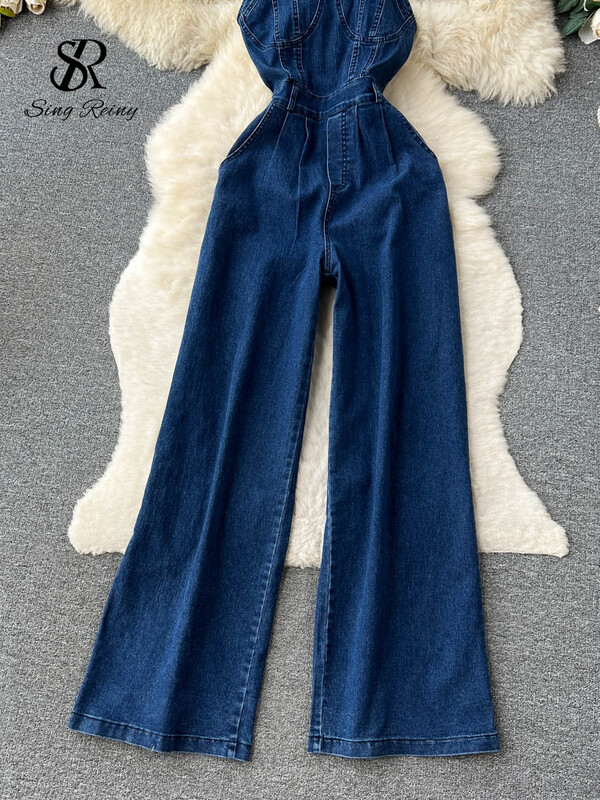 SINGREINY Modni traper dugi kombinezoni s patentnim zatvaračem Pacthwork Hlače za plažu bez leđa Korejska ulična odjeća Retro kombinezoni za plažu