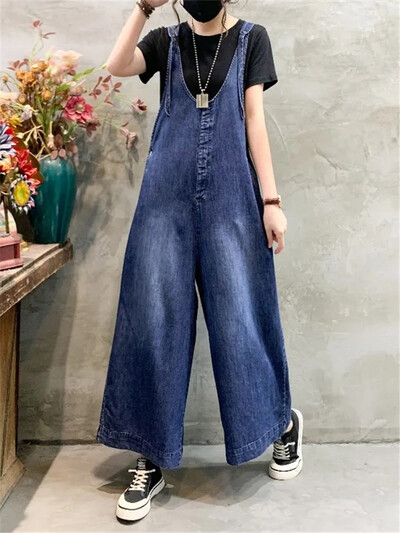 Salopete din denim vintage femei 2024 pantaloni în stil coreean salopete largi cu picioare largi Tide ocazional toate se potrivesc haine feminine Jean RomperVi