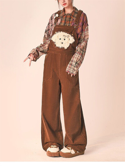 Ženske retro hlače od smeđeg samta Djevojački kombinezoni na tregere širokih nogavica Hlače Ženski ulični kombinezoni Ravne hlače