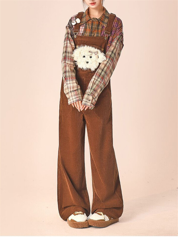 Ženske retro hlače od smeđeg samta Djevojački kombinezoni na tregere širokih nogavica Hlače Ženski ulični kombinezoni Ravne hlače