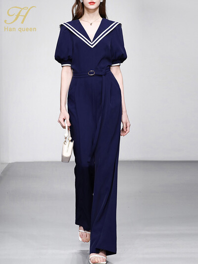 H Han Queen Summe Elegantsed Business Jumpsuits Naiste puhvis varrukad laia säärega, pikad mängukostüümid vabaaja kontoris kõrge vöökohaga püksid